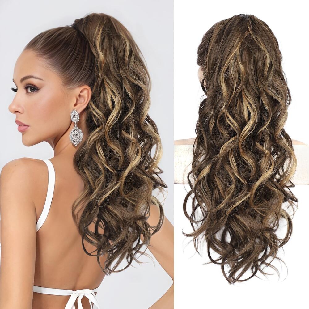 HMD Ponytail Extension 24 Inch Wavy Curly Brown Blonde Highlights Hairpiece